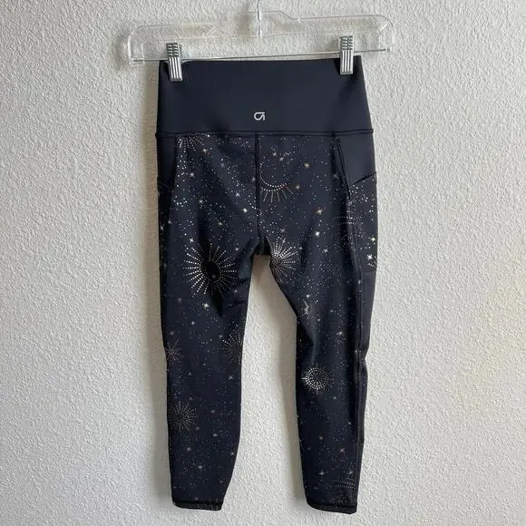 Gap Fit High Rise Black Star Galaxy Print Leggings Women's XS Petite Pockets - Picture 3 of 7